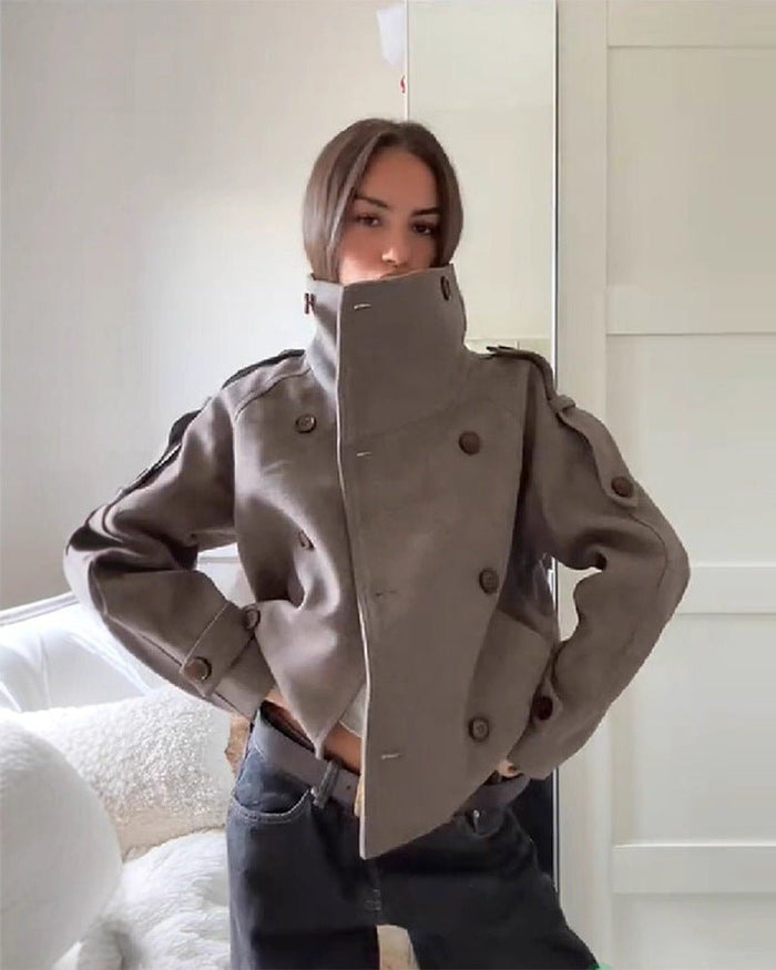 Oversized stand collar coat in a longline cut
