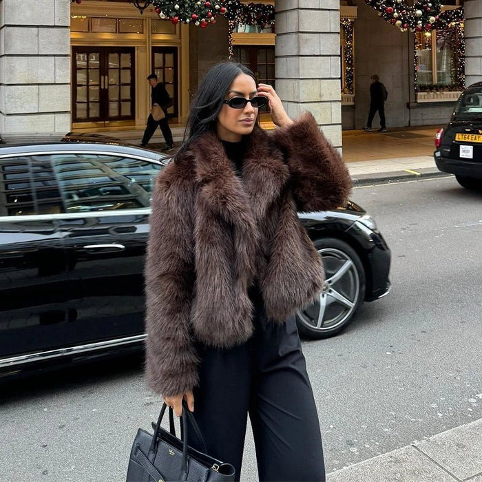 Coffee brown plush faux fur coat with a wide collar