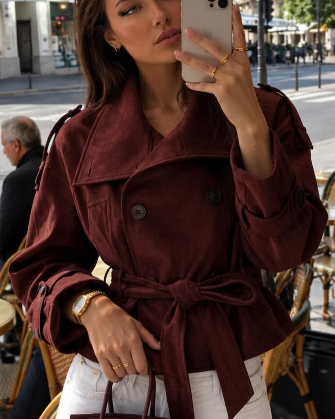 Ines Funnel-Neck Belted Faux Suede Jacket in burgundy – styled look
