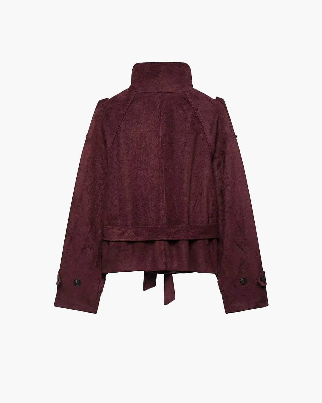 Ines Funnel-Neck Belted Faux Suede Jacket in burgundy – product shot
