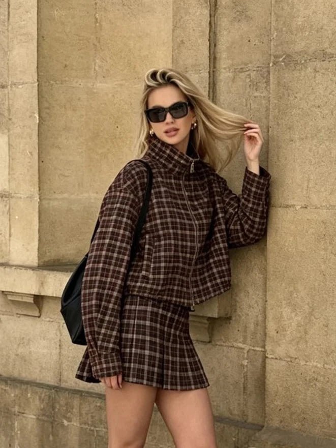 Iris Check Jacket & Mini Skirt Co-ord in brown check – styled look