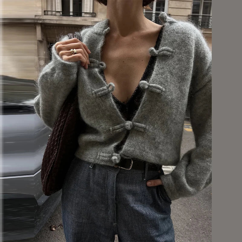 Linnea Frog-Button Knit Cardigan in grey – styled look