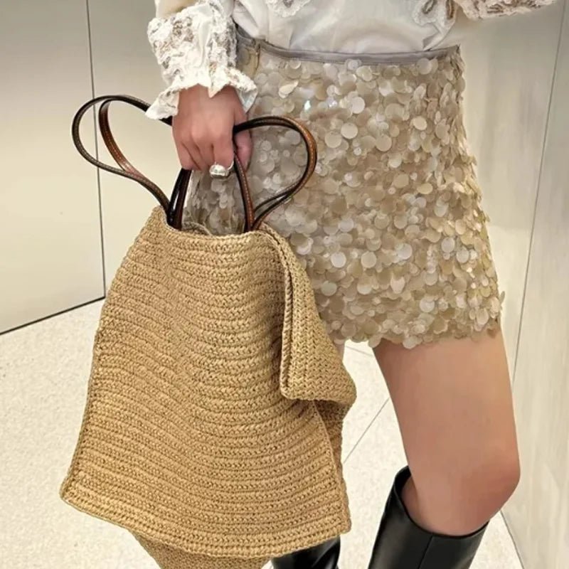 Aimee Handwoven Straw Tote Bag in Dark Brown, interior view