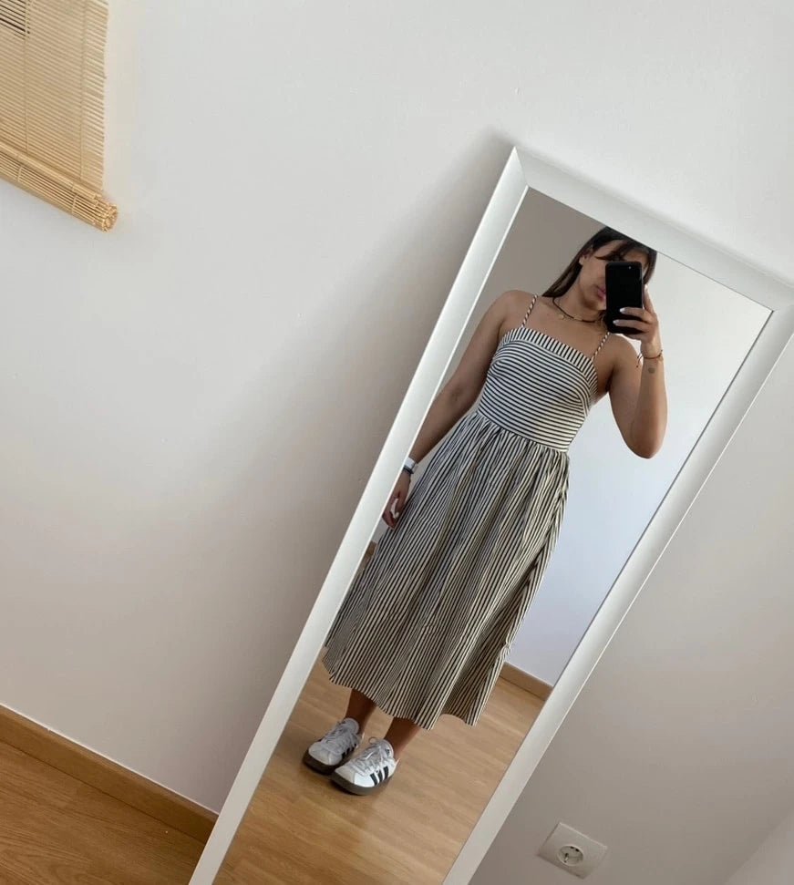 Robe longue à bretelles froncée et rayée Airlin