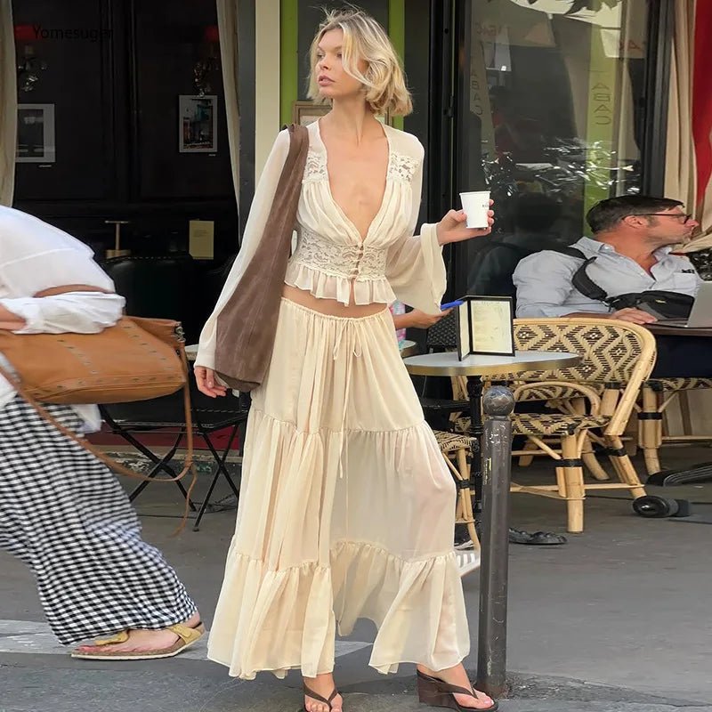 Ensemble jupe longue et haut en dentelle à col en V Aiselin