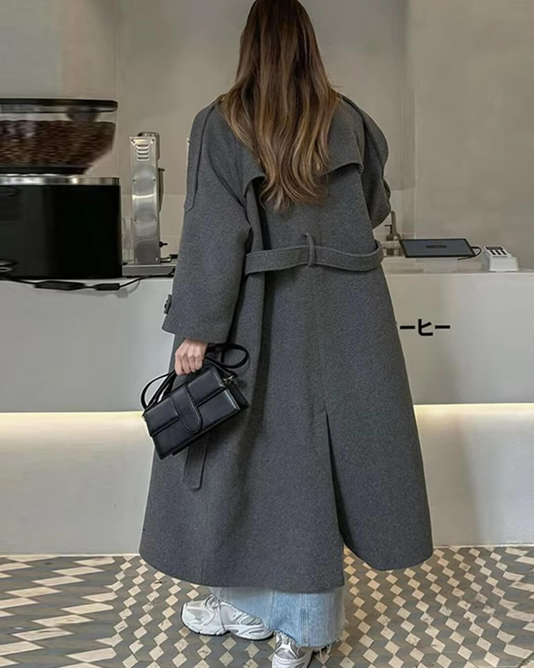 Manteau long gris ceinturé Alicia
