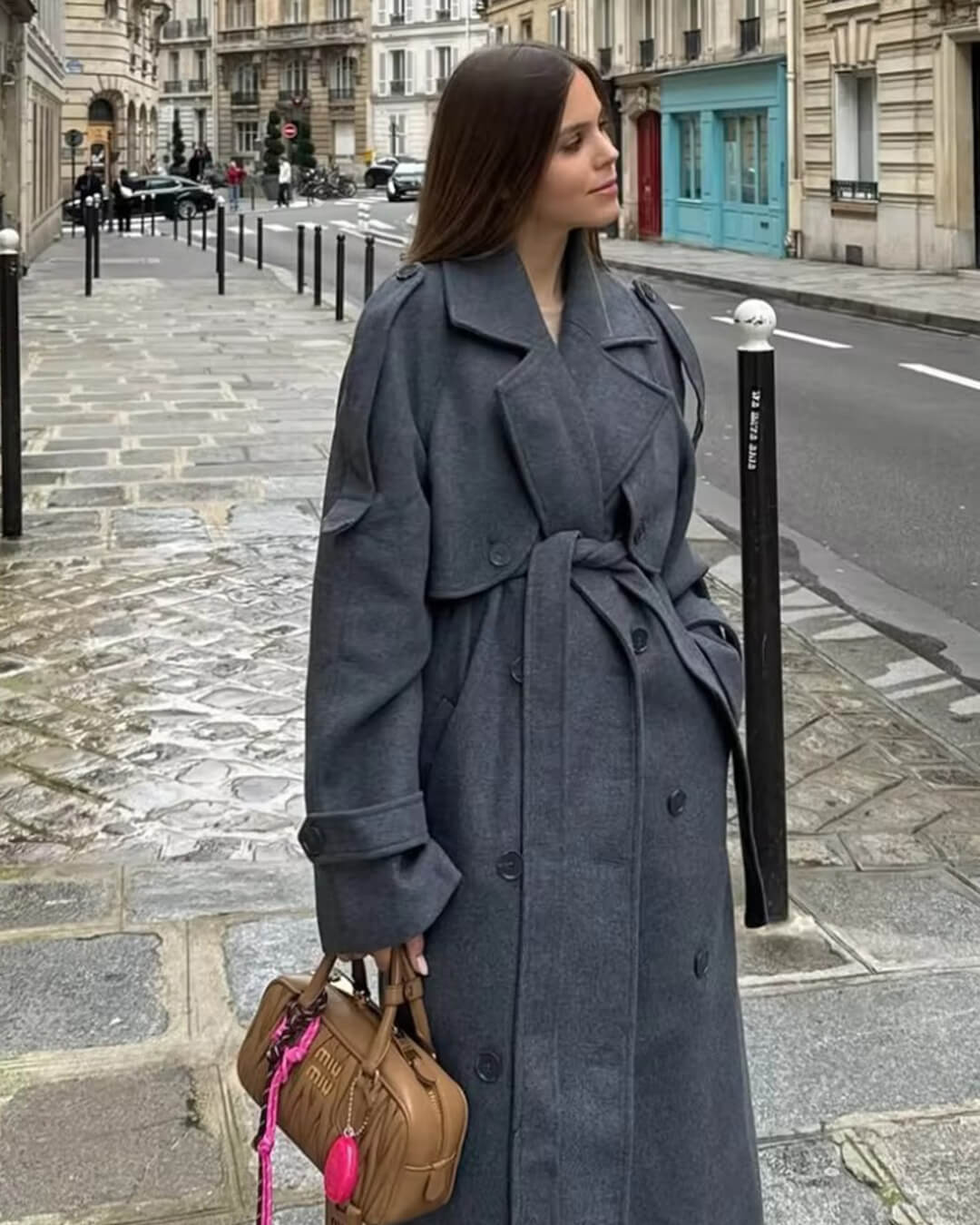 Manteau long gris ceinturé Alicia