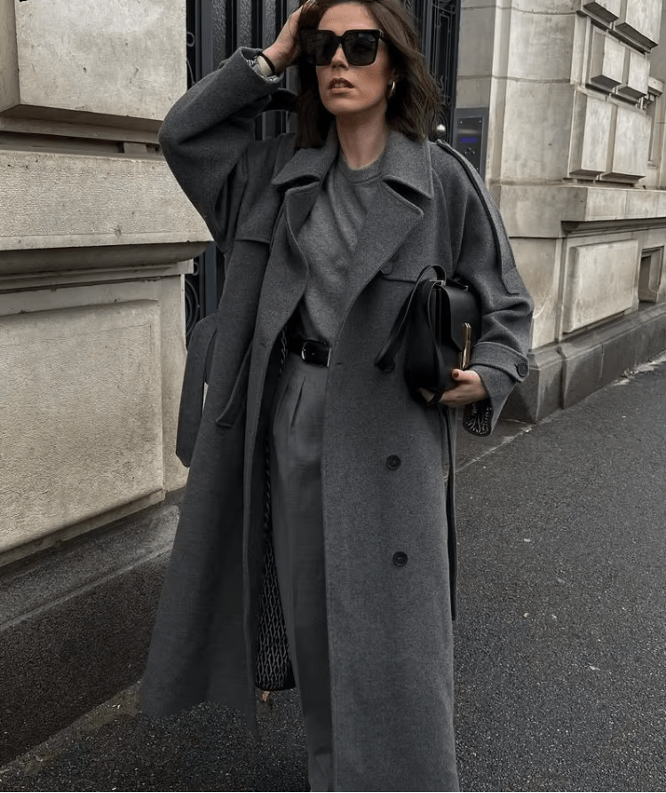 Manteau long gris ceinturé Alicia