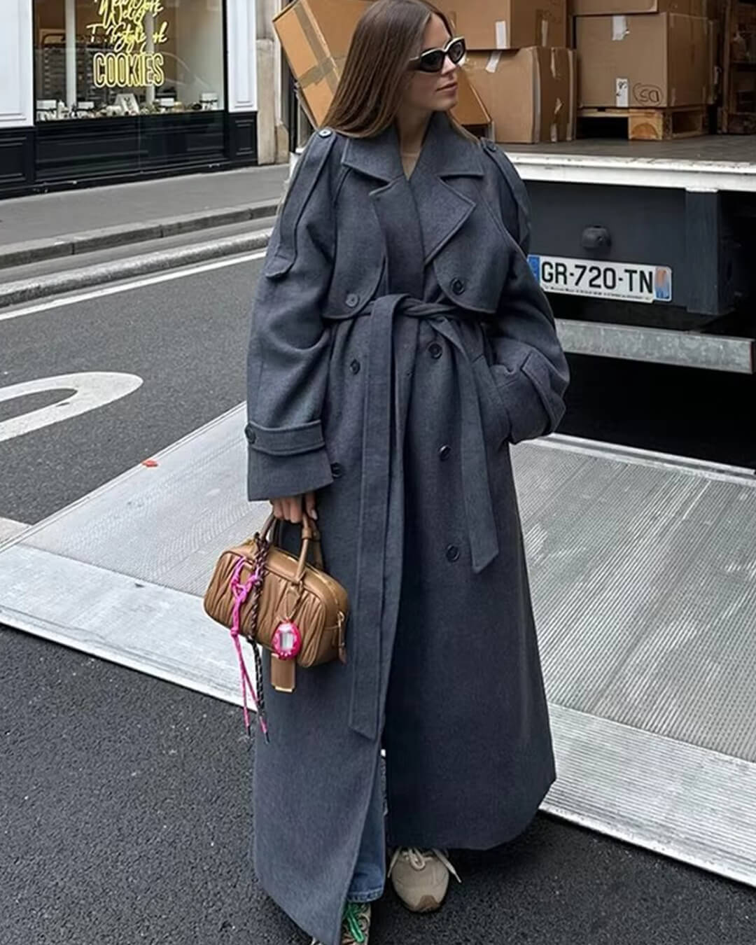 Manteau long gris ceinturé Alicia