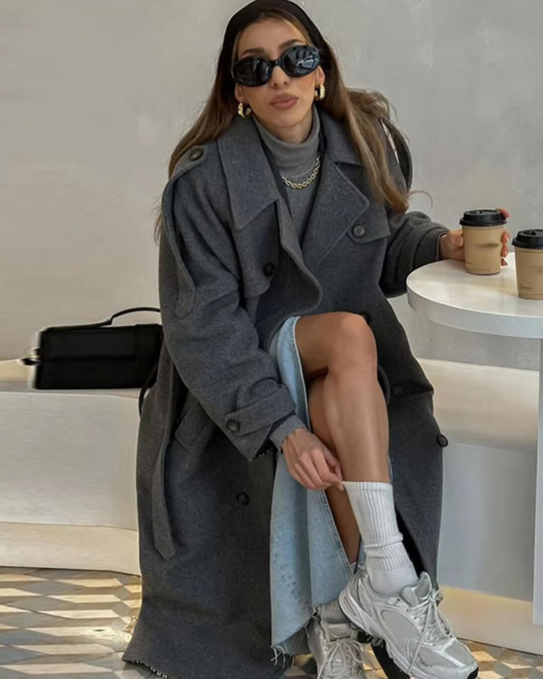 Manteau long gris ceinturé Alicia
