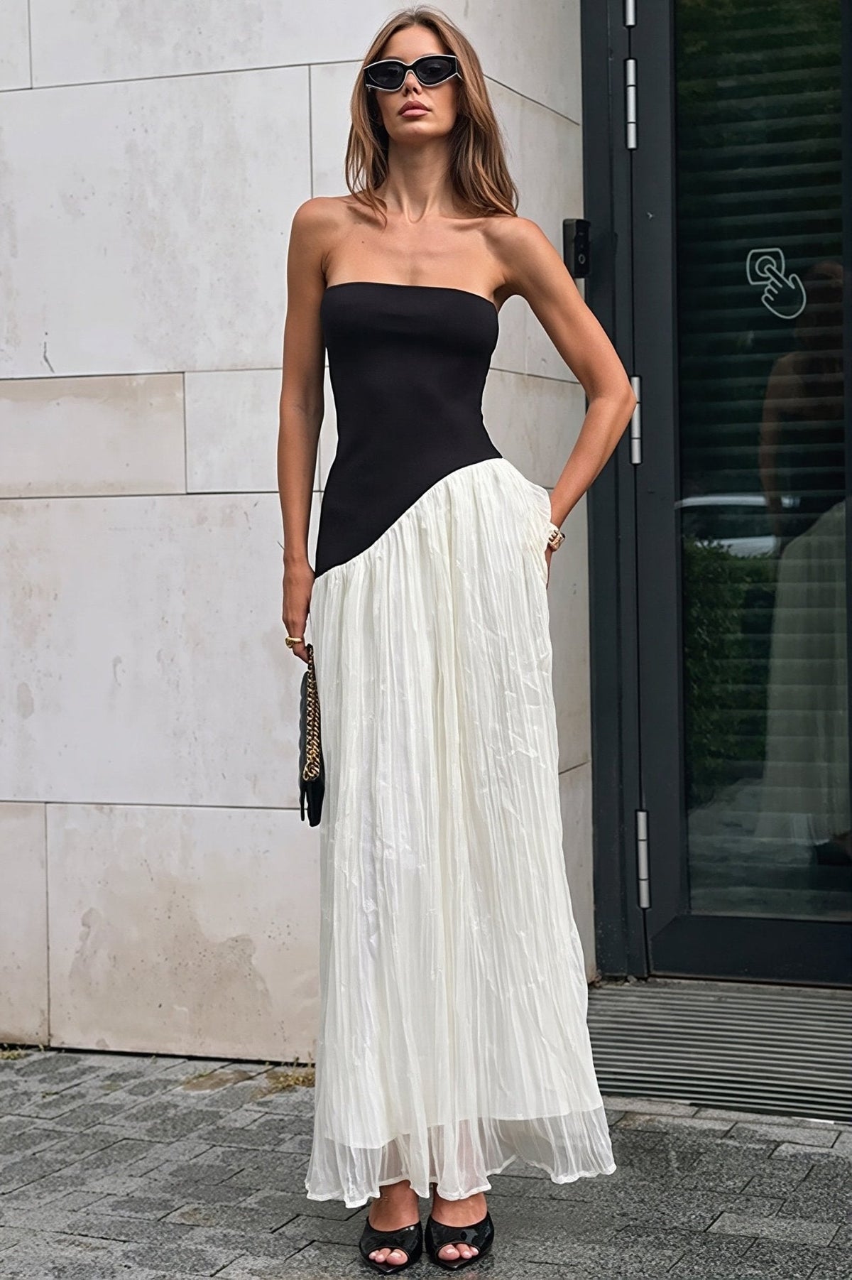 Robe longue asymétrique contrastée Amelie