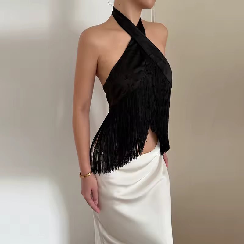 Haut dos nu à franges en satin Amelie