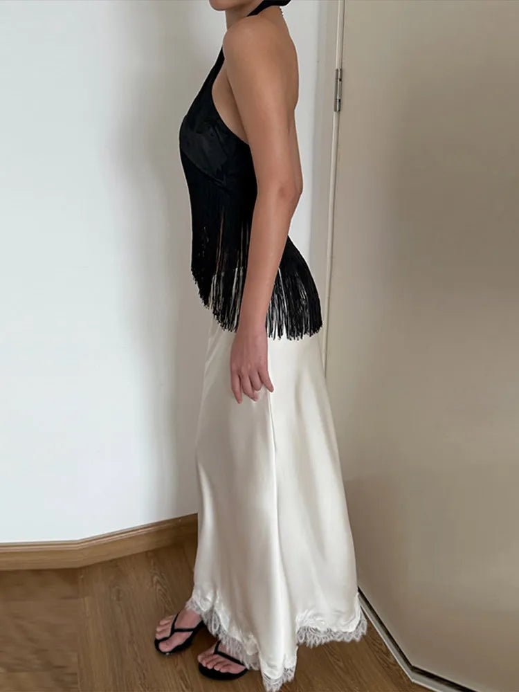 Haut dos nu à franges en satin Amelie