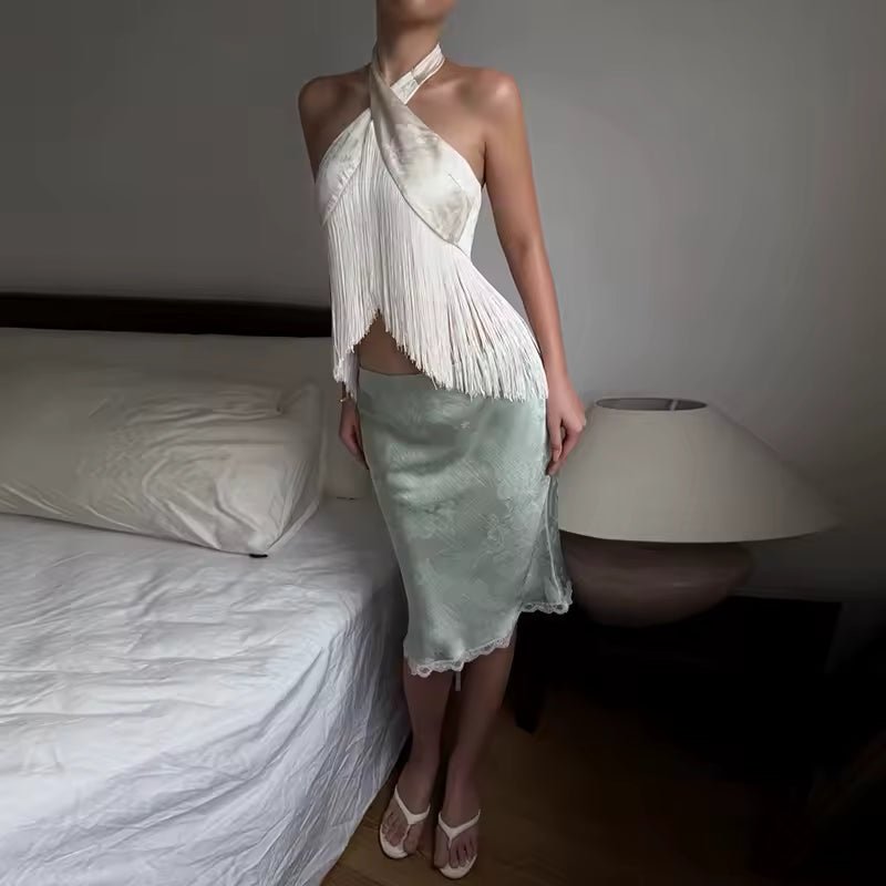 Haut dos nu à franges en satin Amelie