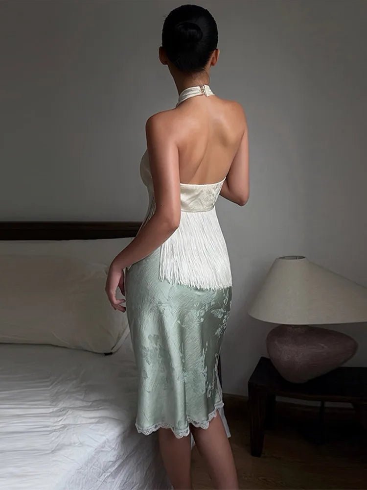Haut dos nu à franges en satin Amelie