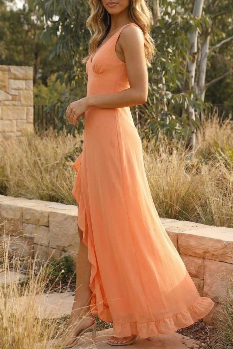 Robe longue fendue à volants et sans manches Amiah