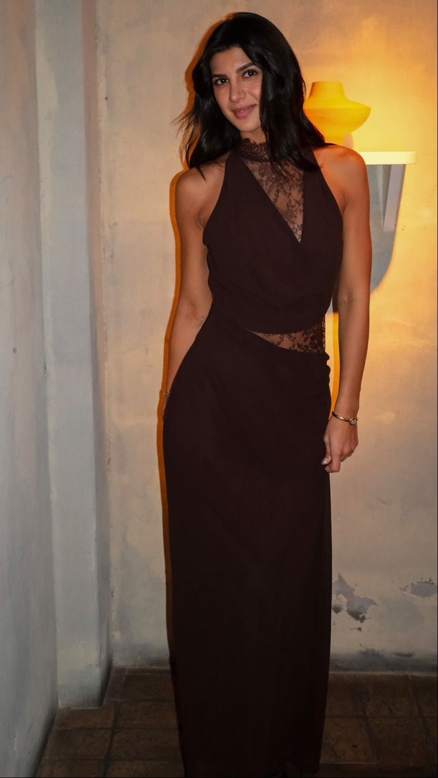 Robe longue en dentelle patchwork dos nu Ariadne