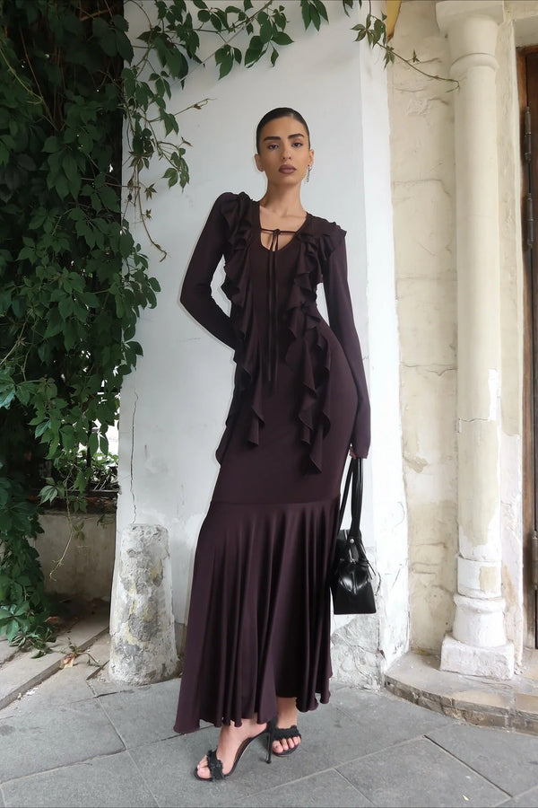 Robe longue Arielle à manches longues et volants