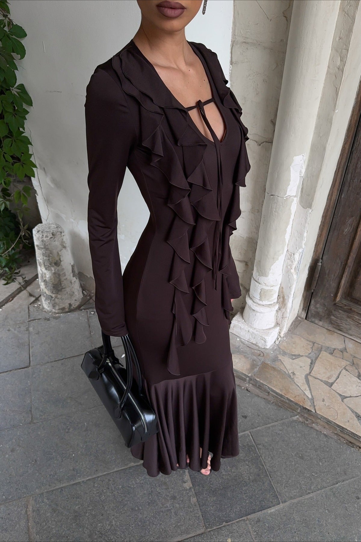 Robe longue Arielle à manches longues et volants