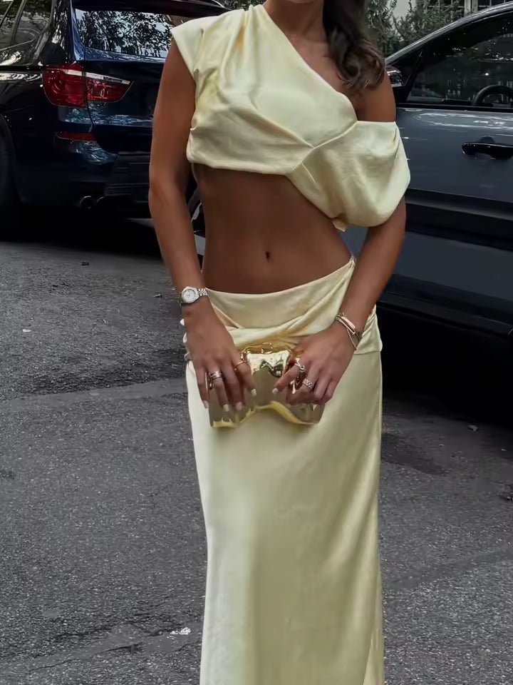 Arlette Satin Pleated Crop Top & Skirt Set