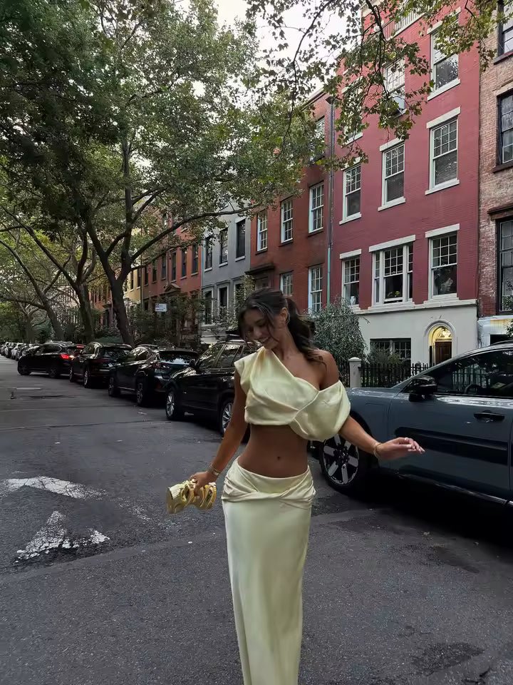 Arlette Satin Pleated Crop Top & Skirt Set