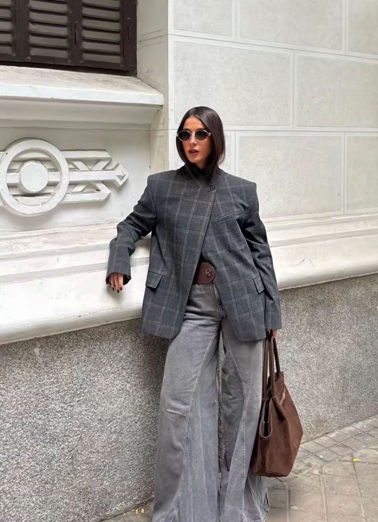 Blazer Aurelia à col droit et carreaux