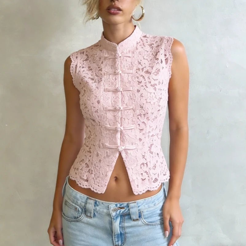 Blouse Beatrix transparente en dentelle à col mao