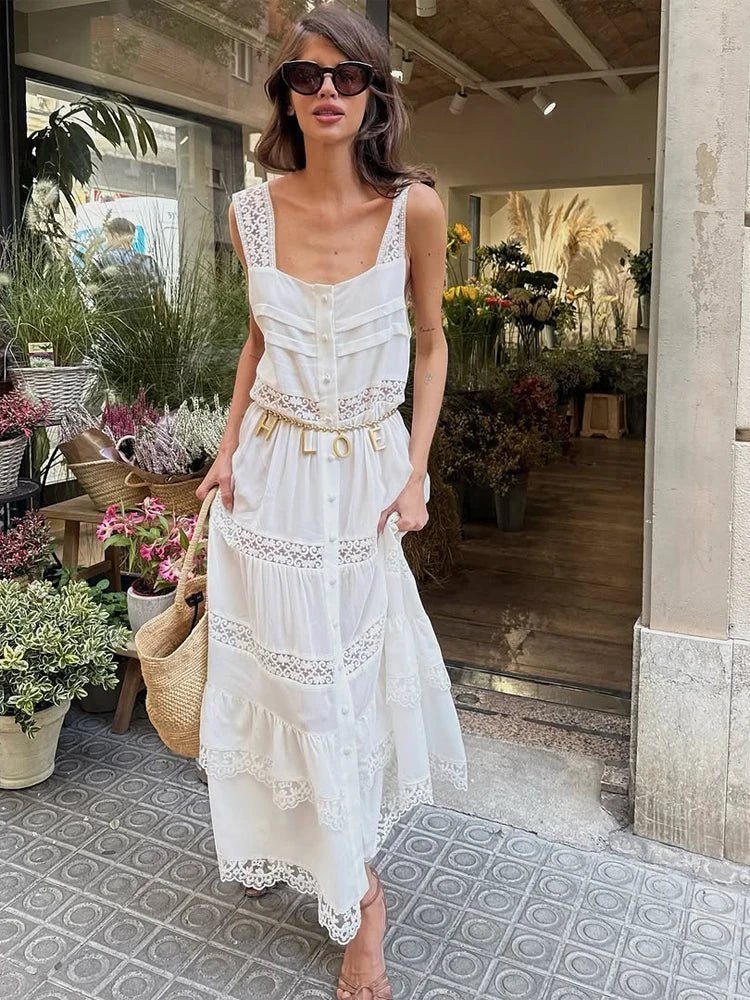Robe longue Bianca à volants, en dentelle et empiècements