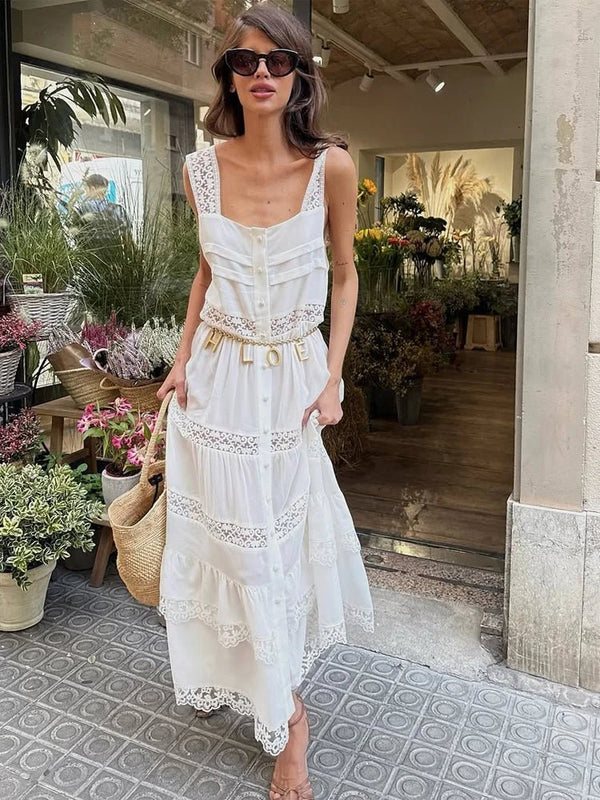 Robe longue Bianca à volants, en dentelle et empiècements