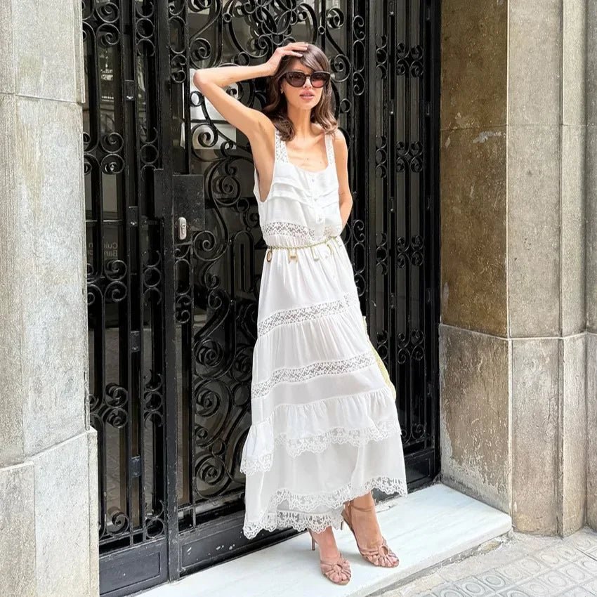 Robe longue Bianca à volants, en dentelle et empiècements