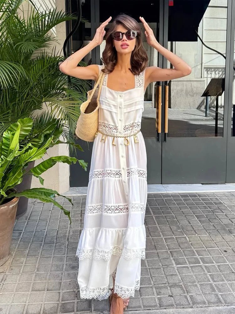 Robe longue Bianca à volants, en dentelle et empiècements