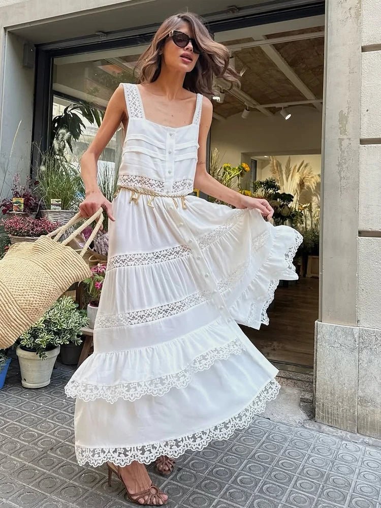 Robe longue Bianca à volants, en dentelle et empiècements