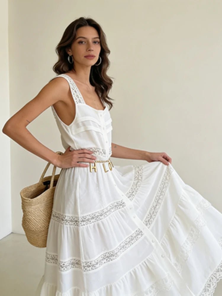 Robe longue Bianca à volants, en dentelle et empiècements
