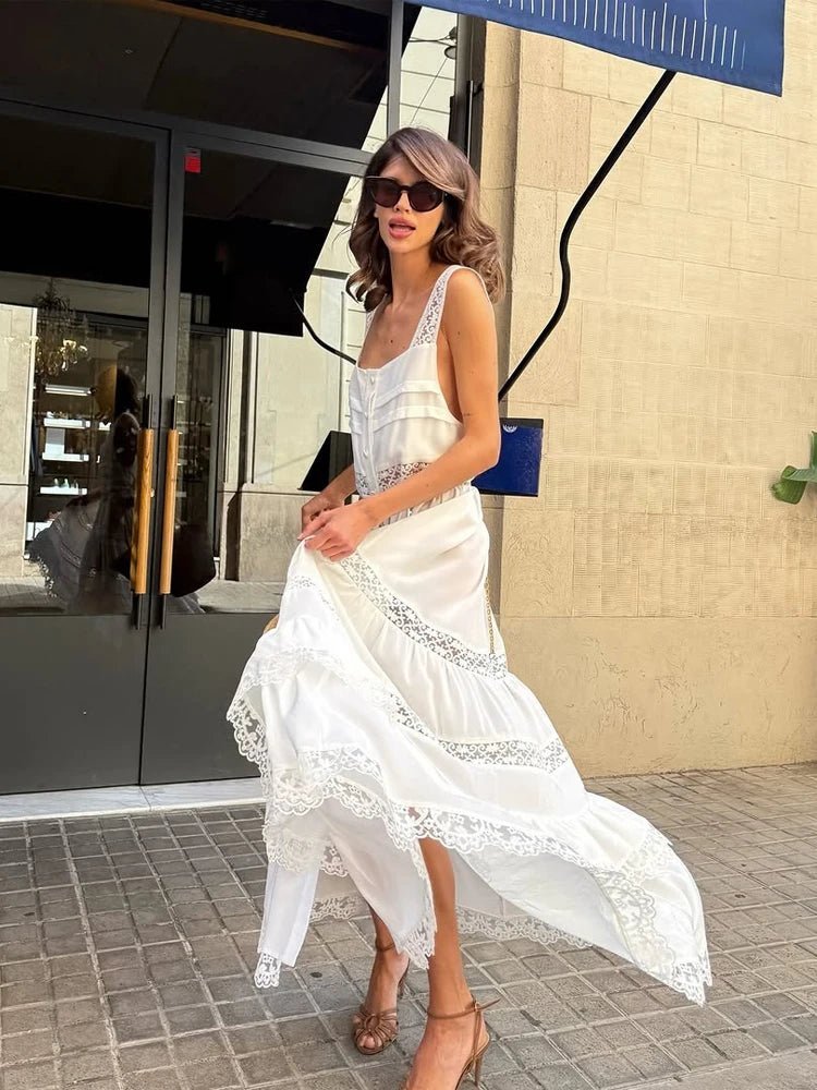 Robe longue Bianca à volants, en dentelle et empiècements