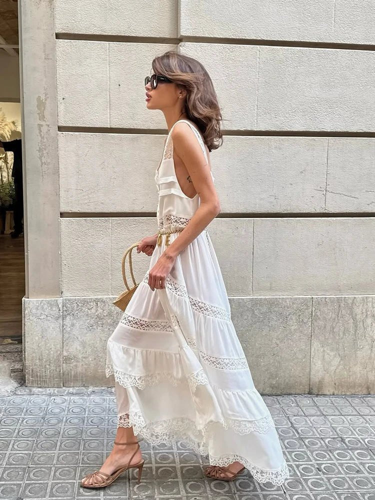 Robe longue Bianca à volants, en dentelle et empiècements