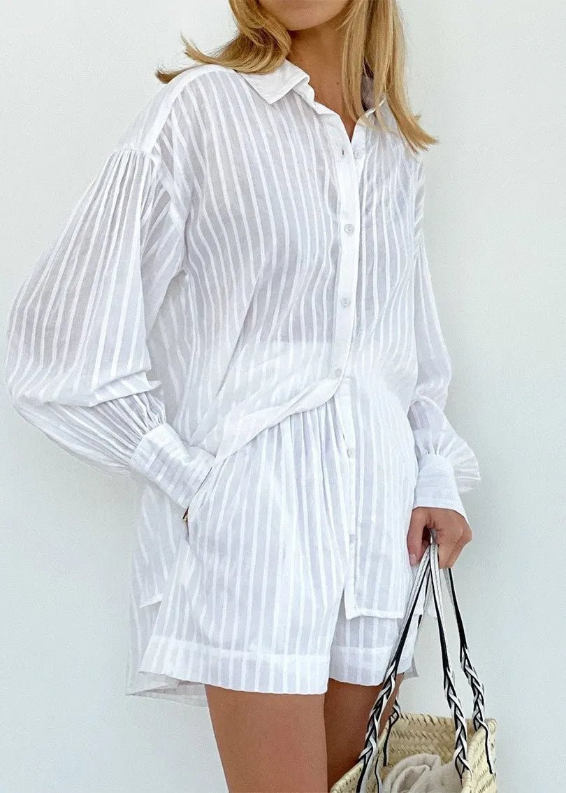 Ensemble Bridget avec chemise et short en coton rayé