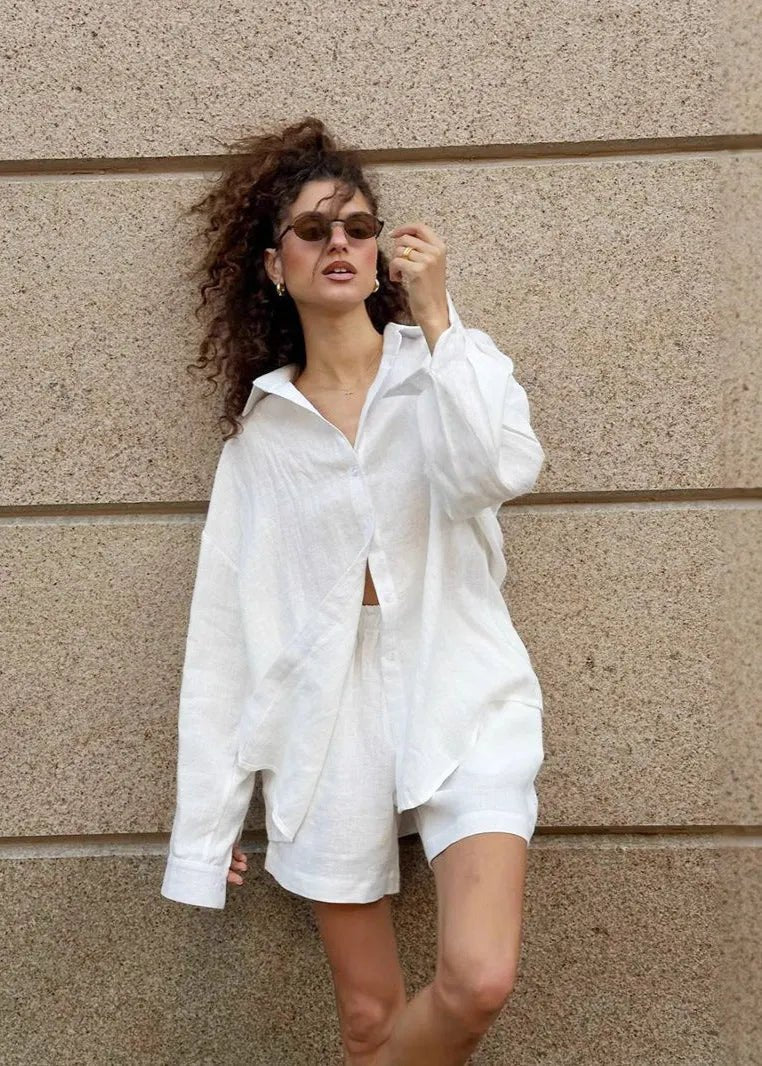 Ensemble Camille blanc en coton, chemise et short