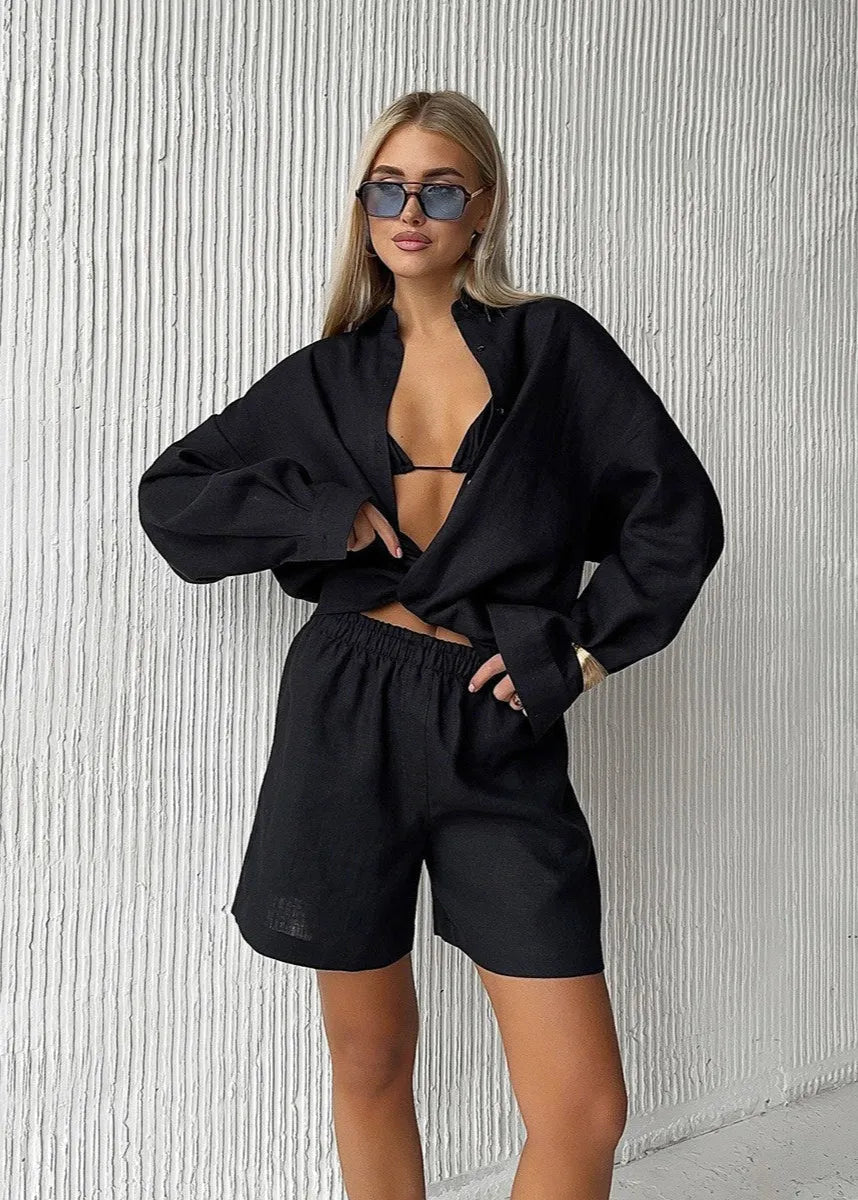 Ensemble Camille blanc en coton, chemise et short