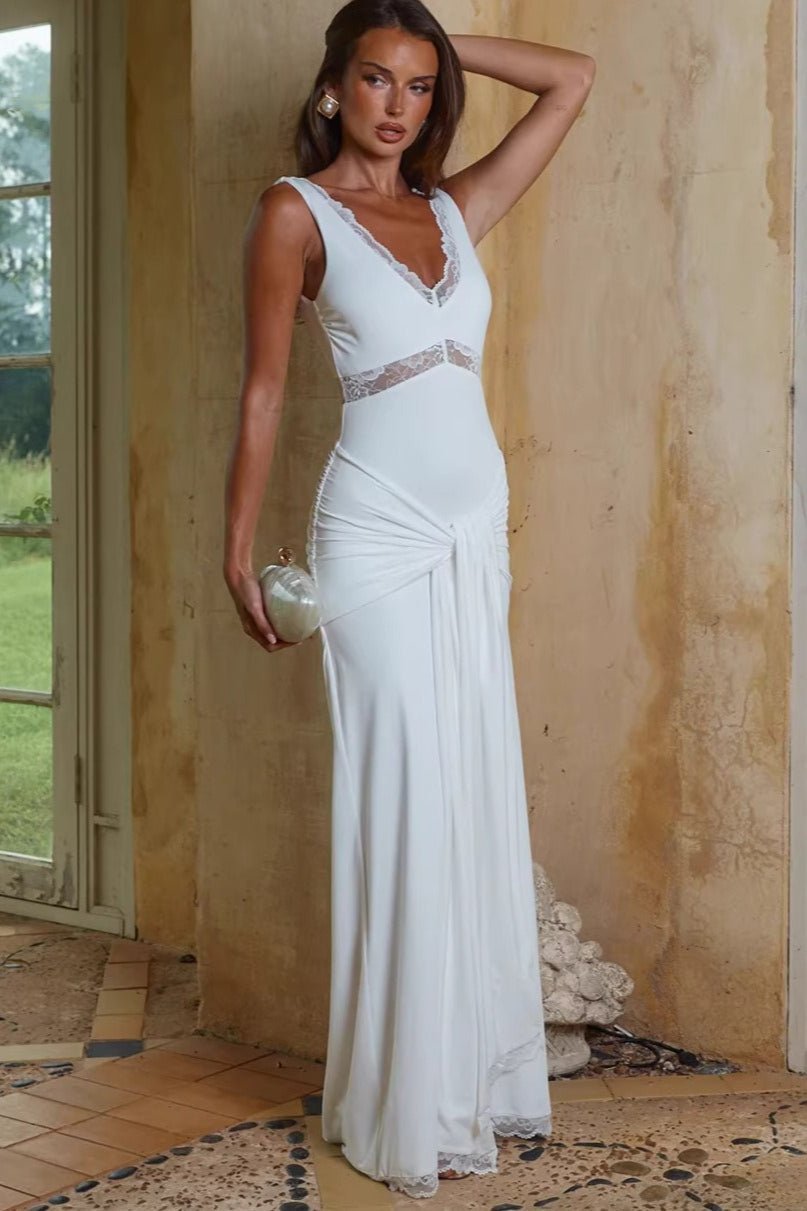 Robe longue Carmela à empiècements en dentelle et bretelles à nouer