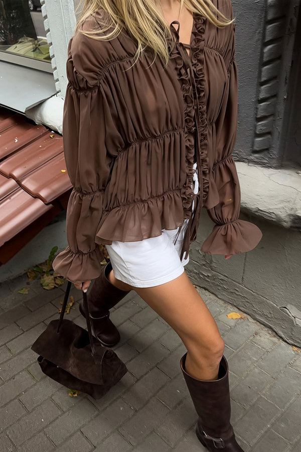 Blouse Carmen à volants froncés et liens