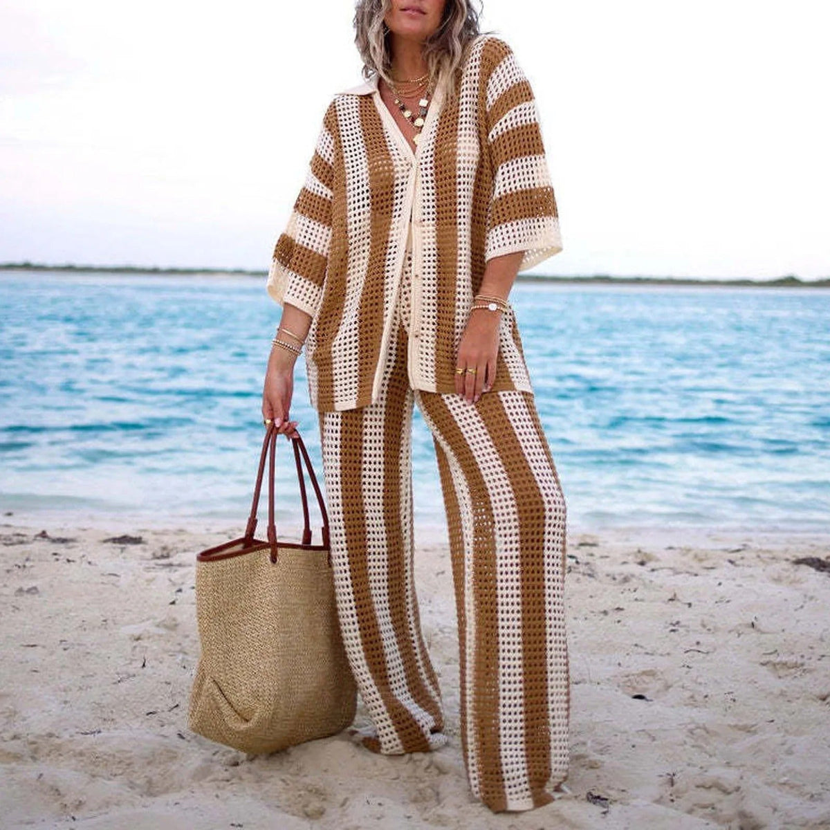 Ensemble coordonné Carmen en crochet rayé