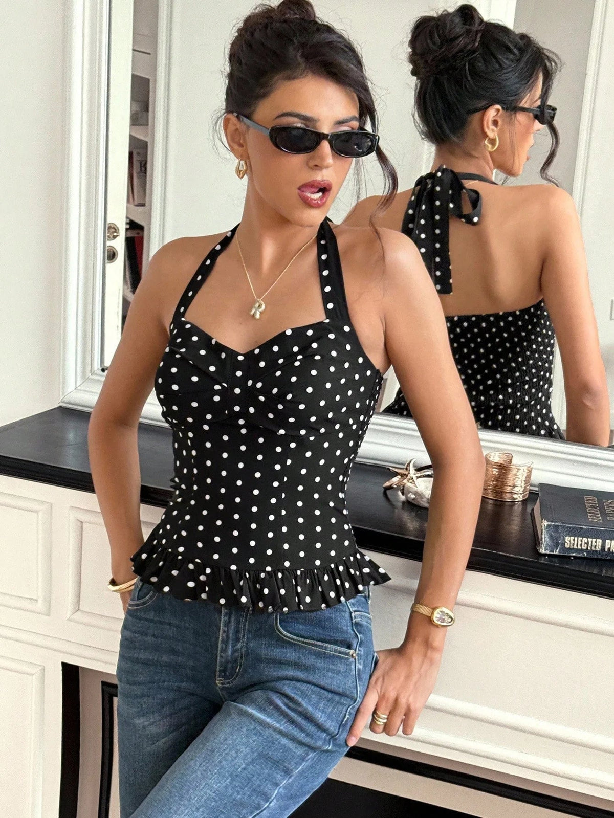 Crop top Caryl à col licou et pois