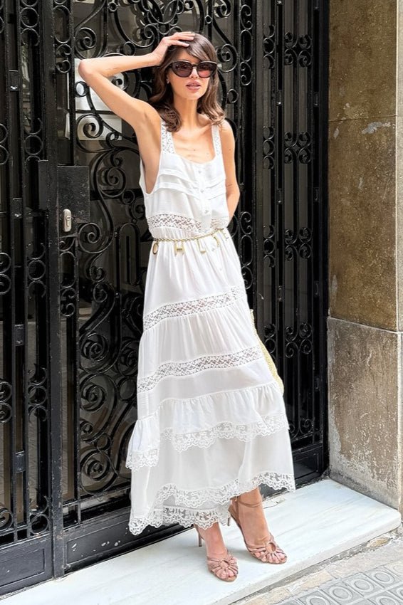 Robe longue à volants Celeste, style bohème, en dentelle et empiècements