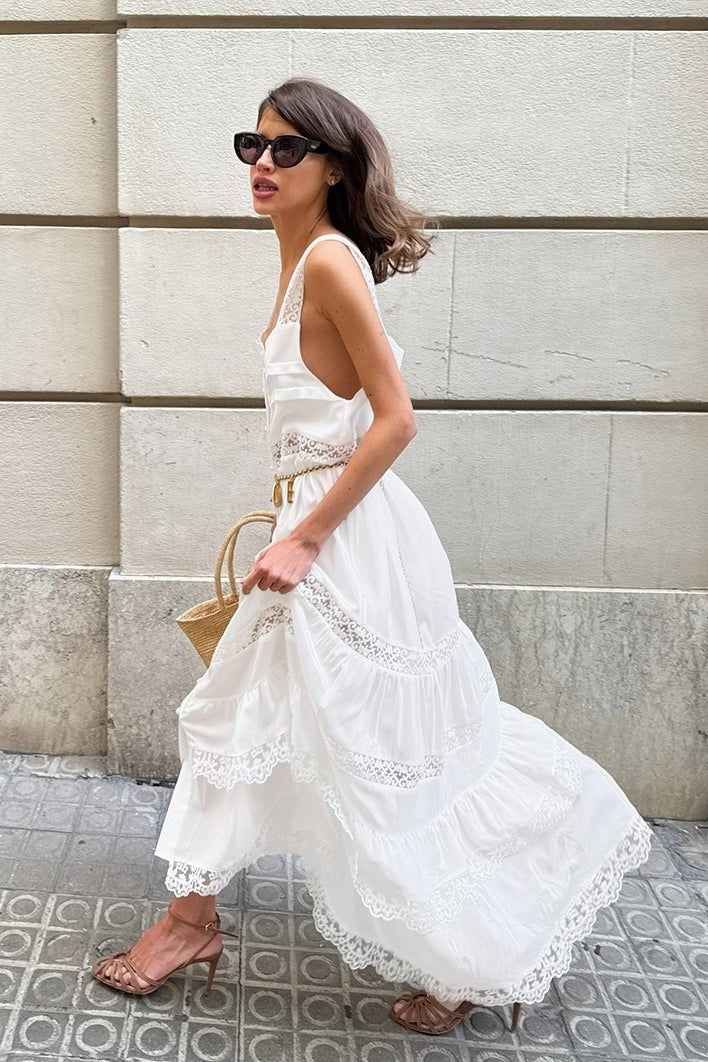 Robe longue à volants Celeste, style bohème, en dentelle et empiècements
