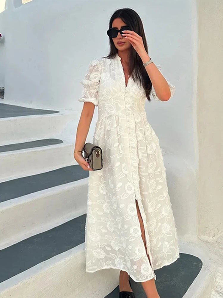 Robe midi Celeste brodée en dentelle à col V