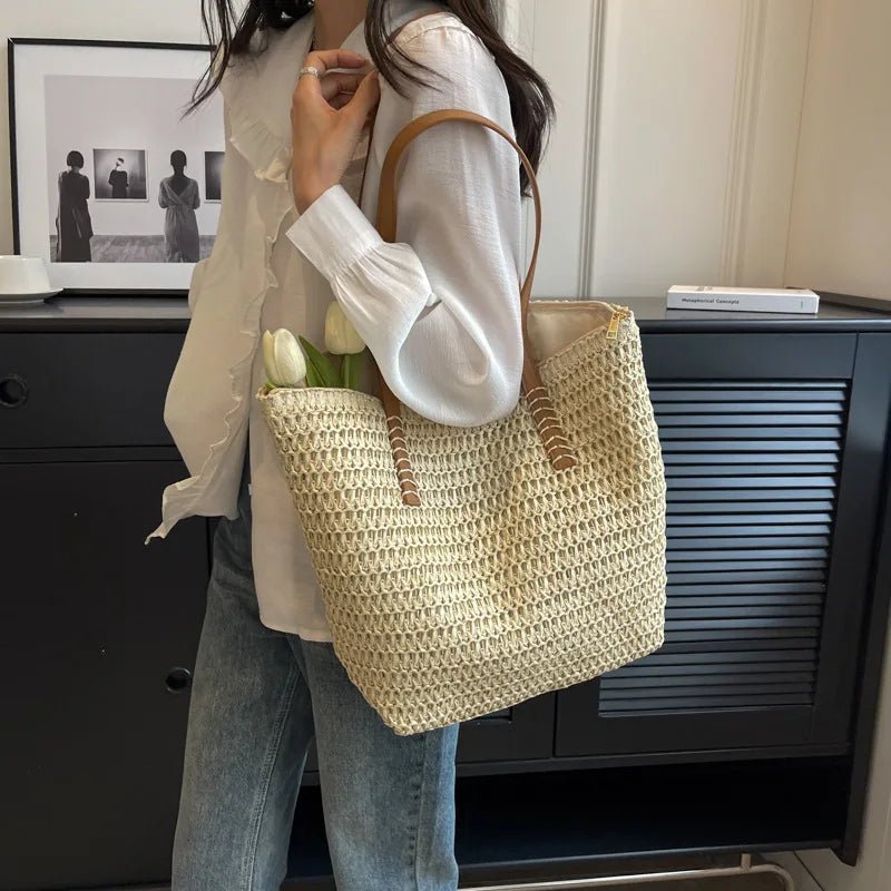 Sac cabas de plage en paille tressée Celeste