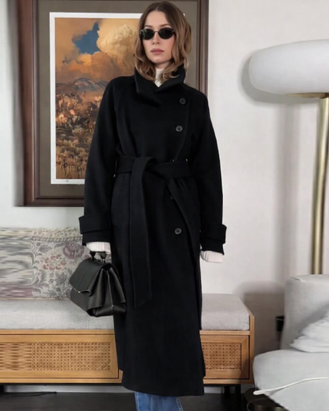 Manteau long Claudine à ceinture et col montant