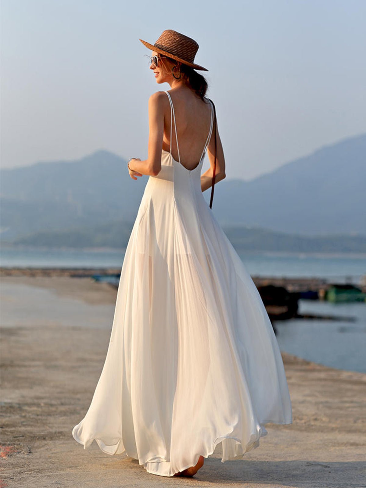 Robe longue Delphine à col V et dos nu