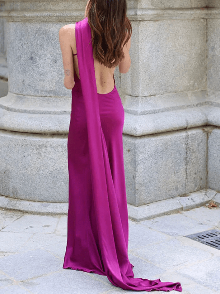 Demetra Satin Halter Backless Evening Gown