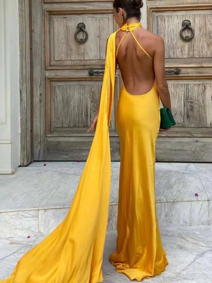 Demetra Satin Halter Backless Evening Gown